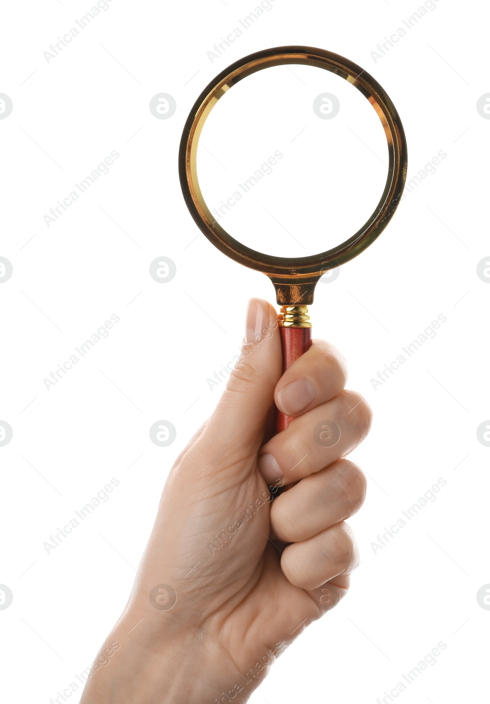Photo of Woman holding magnifying glass on white background, closeup. Find keywords concept