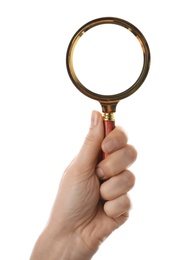 Photo of Woman holding magnifying glass on white background, closeup. Find keywords concept