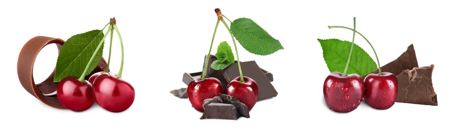 Fresh cherries, pieces and curls of chocolate isolated on white, set