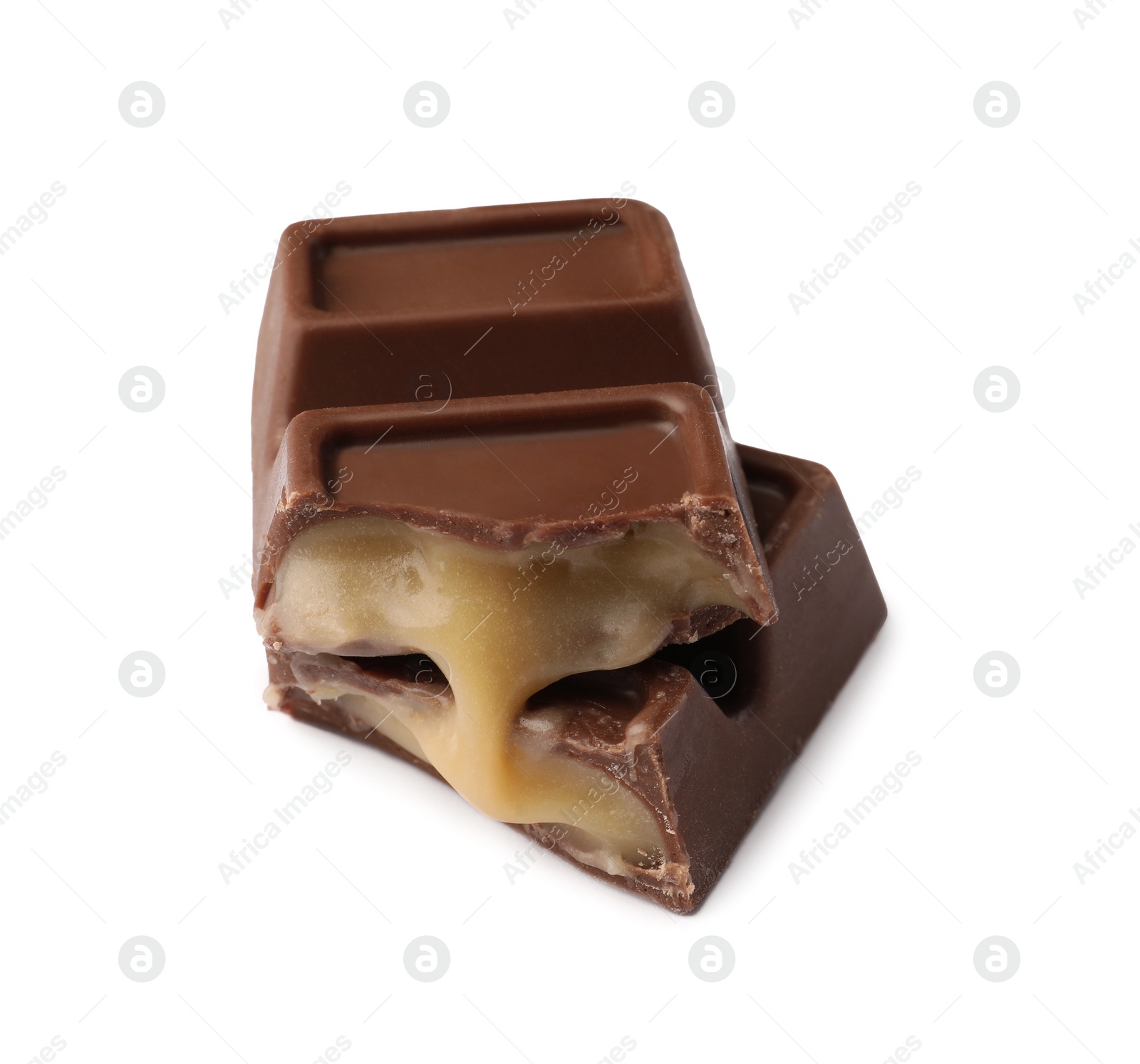 Photo of Pieces of delicious chocolate bar on white background