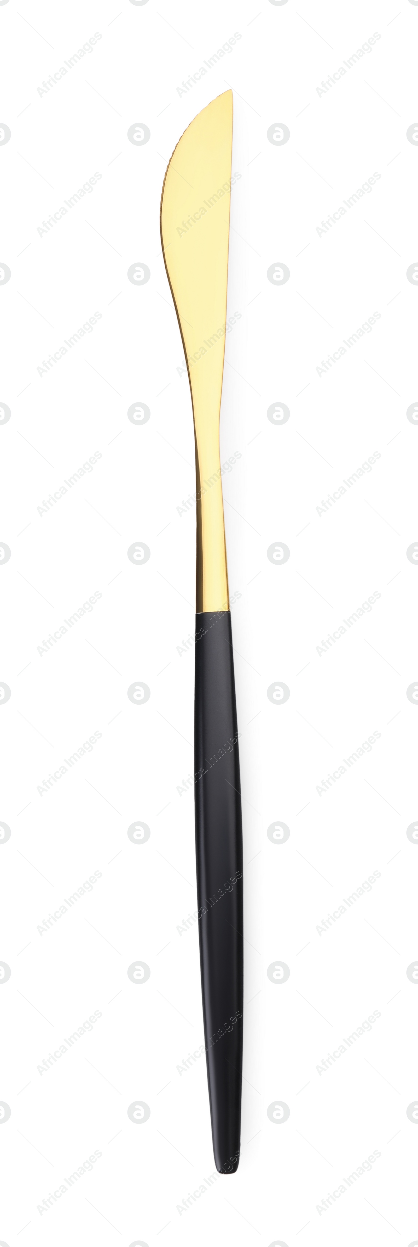 Photo of One shiny golden knife with black handle isolated on white, top view