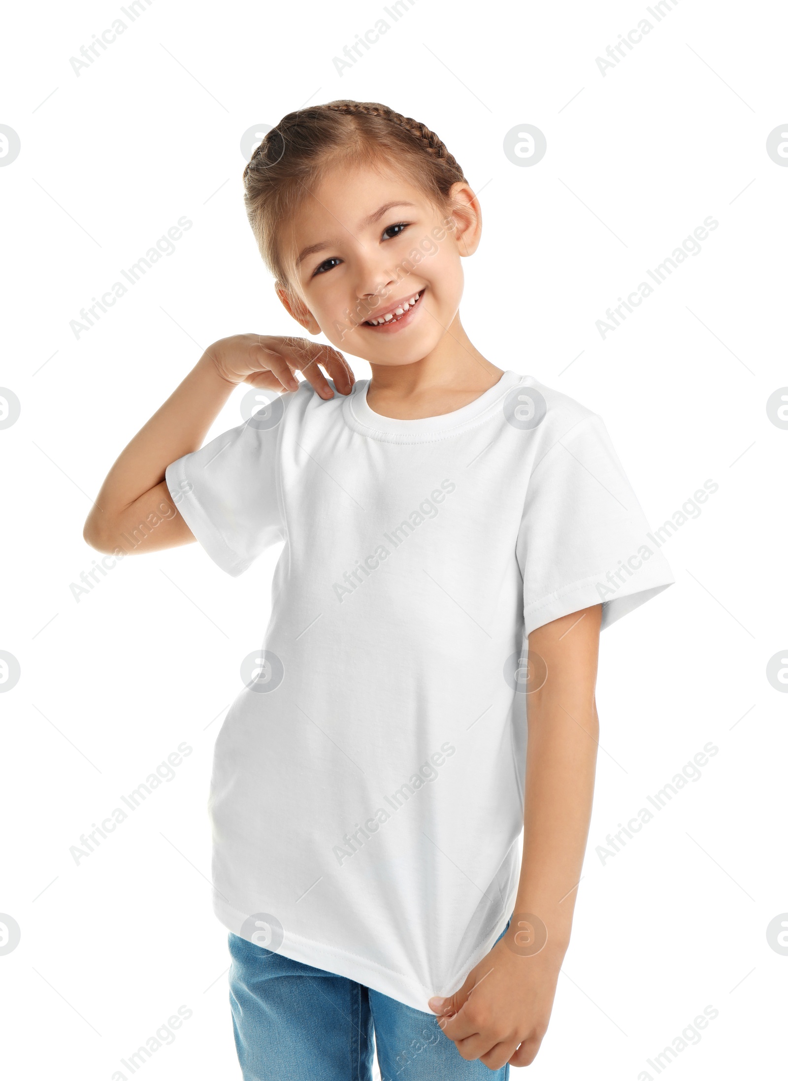 Photo of Little girl in t-shirt on white background. Mockup for design