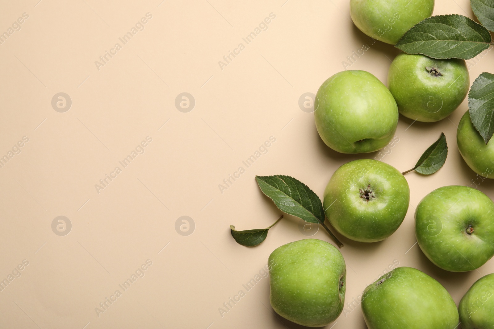 Photo of Fresh green apples and leaves on beige background, flat lay. Space for text