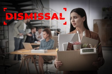 Image of Upset dismissed young woman carrying box with stuff in office