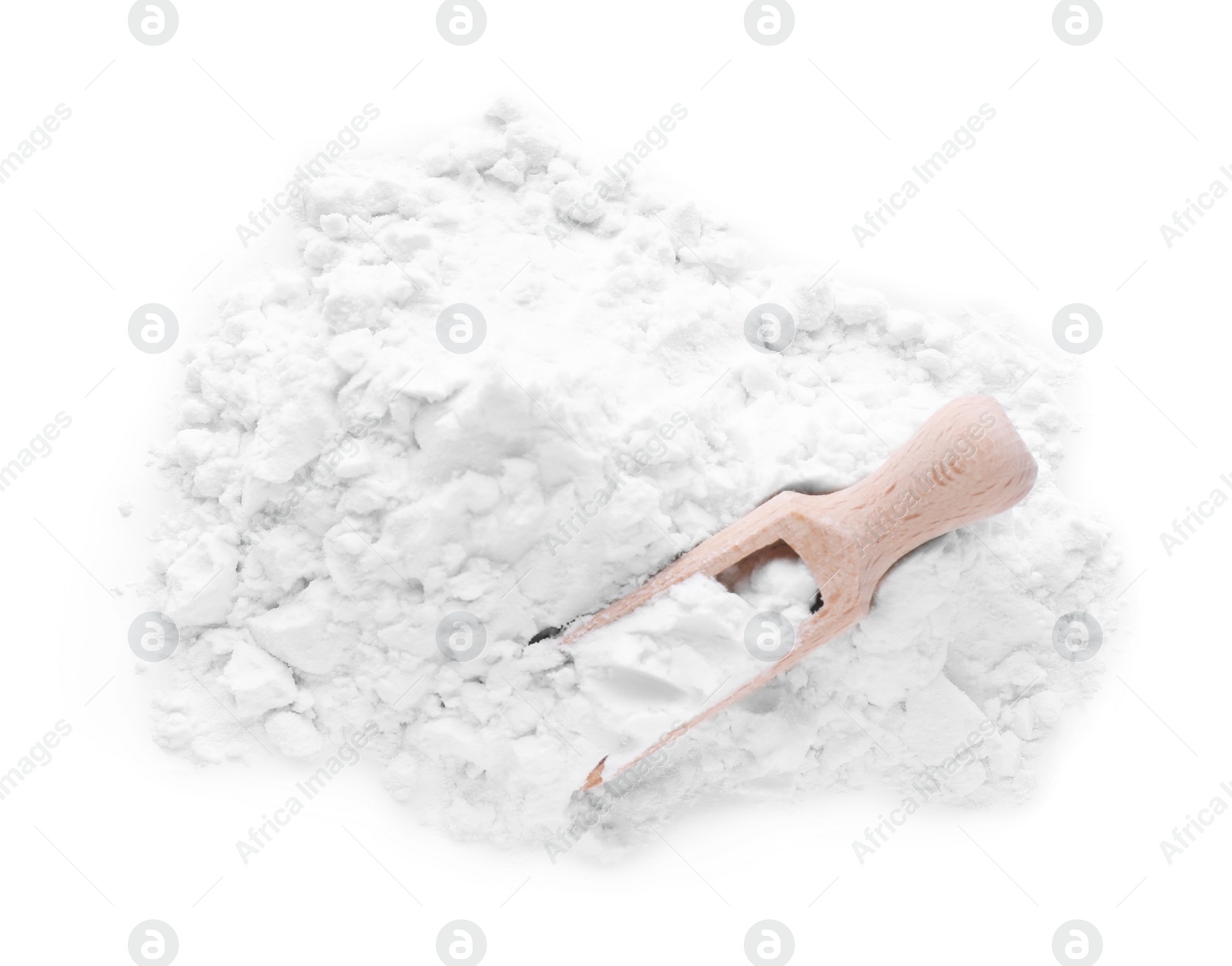 Photo of Heap of natural starch and wooden scoop isolated on white, top view