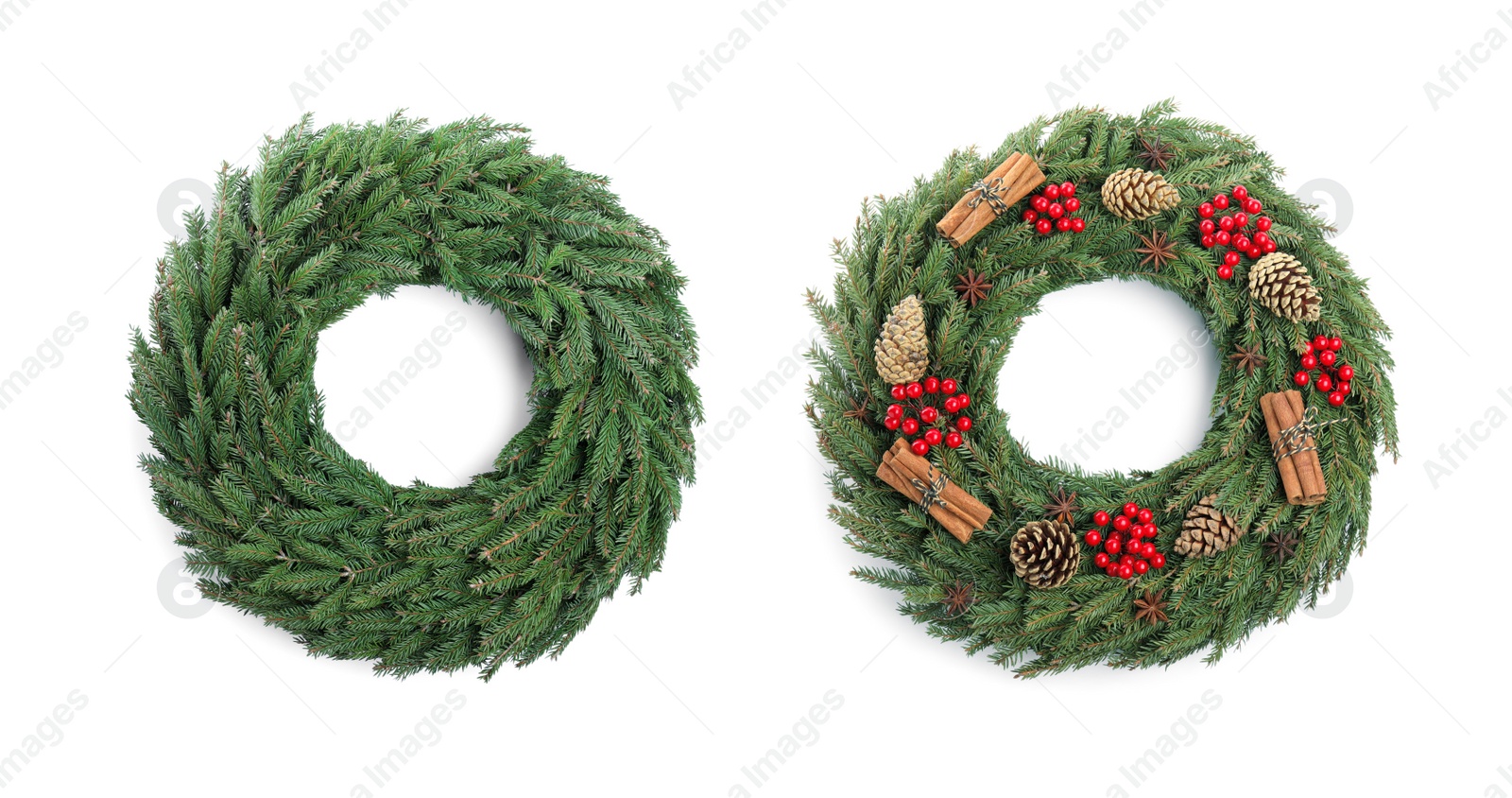 Image of Beautiful Christmas wreaths on white background, banner design