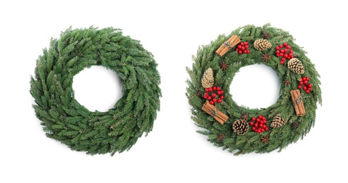 Beautiful Christmas wreaths on white background, banner design