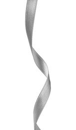 Photo of Beautiful silver ribbon isolated on white. Festive decor
