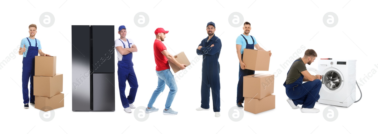 Image of Collage with photos of workers carrying appliances and cardboard boxes on white background, banner design. Moving service