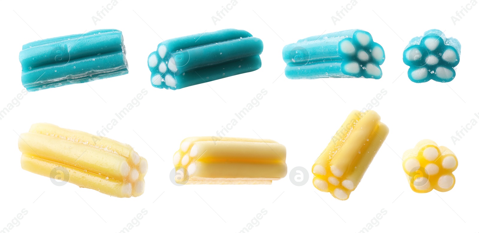 Image of Collage of tasty jelly candies on white background, different sides