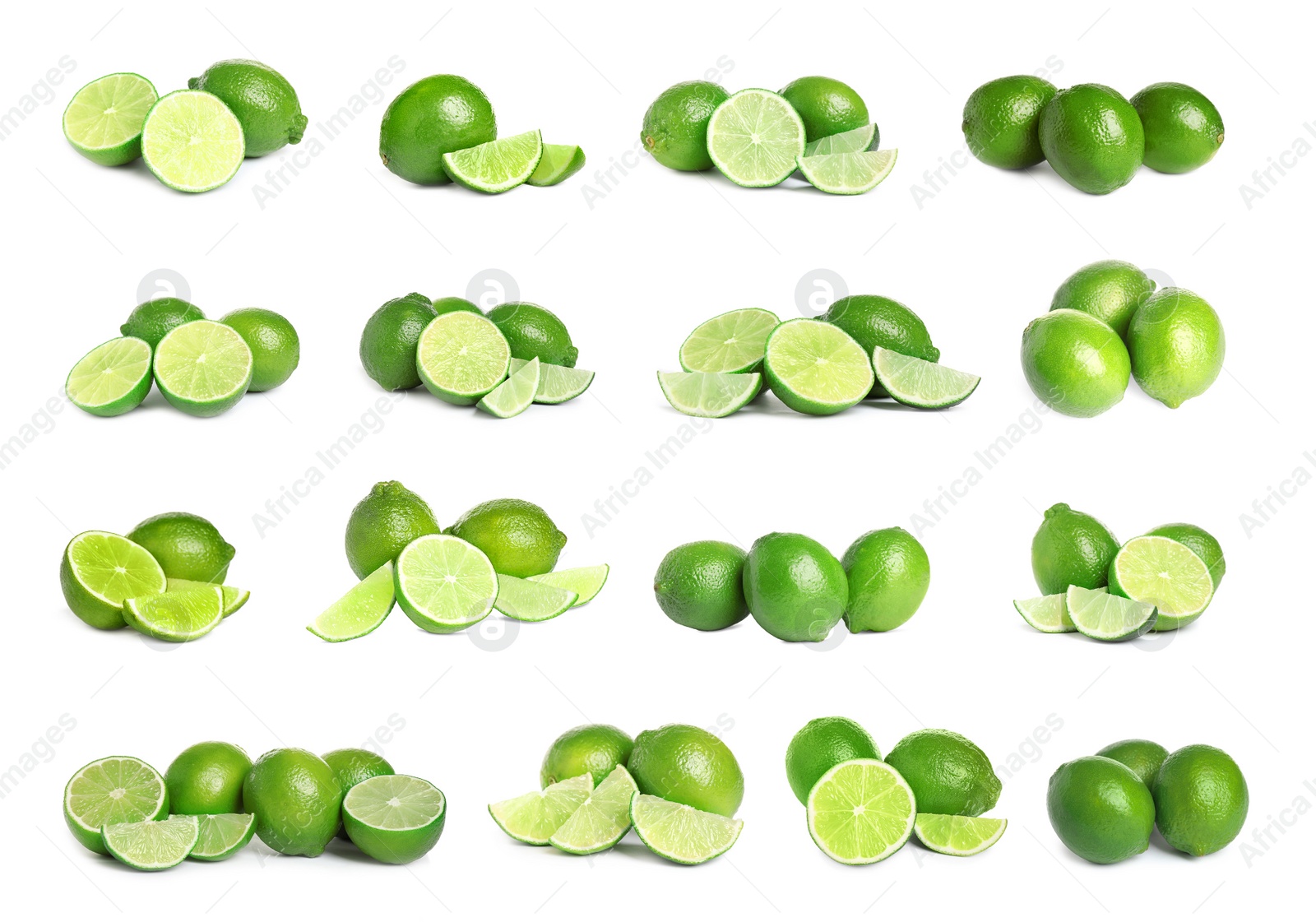 Image of Set of fresh ripe limes on white background