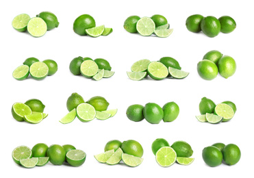 Set of fresh ripe limes on white background