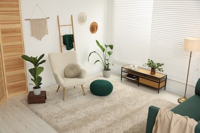 Stylish room interior with comfortable armchair, sofa and houseplants, above view