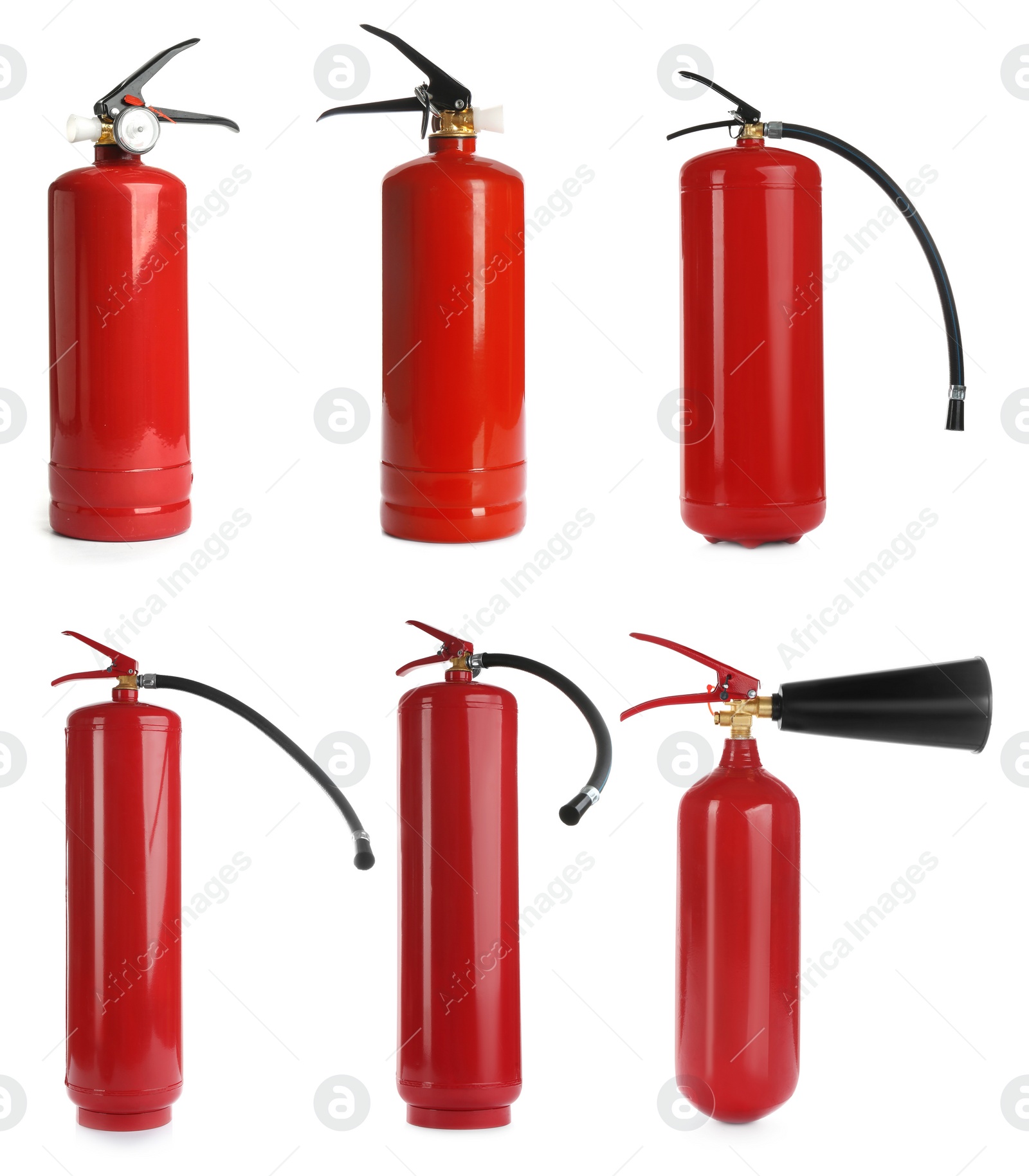 Image of Set with fire extinguishers on white background