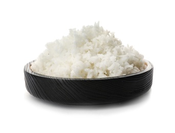 Photo of Bowl of boiled rice on white background