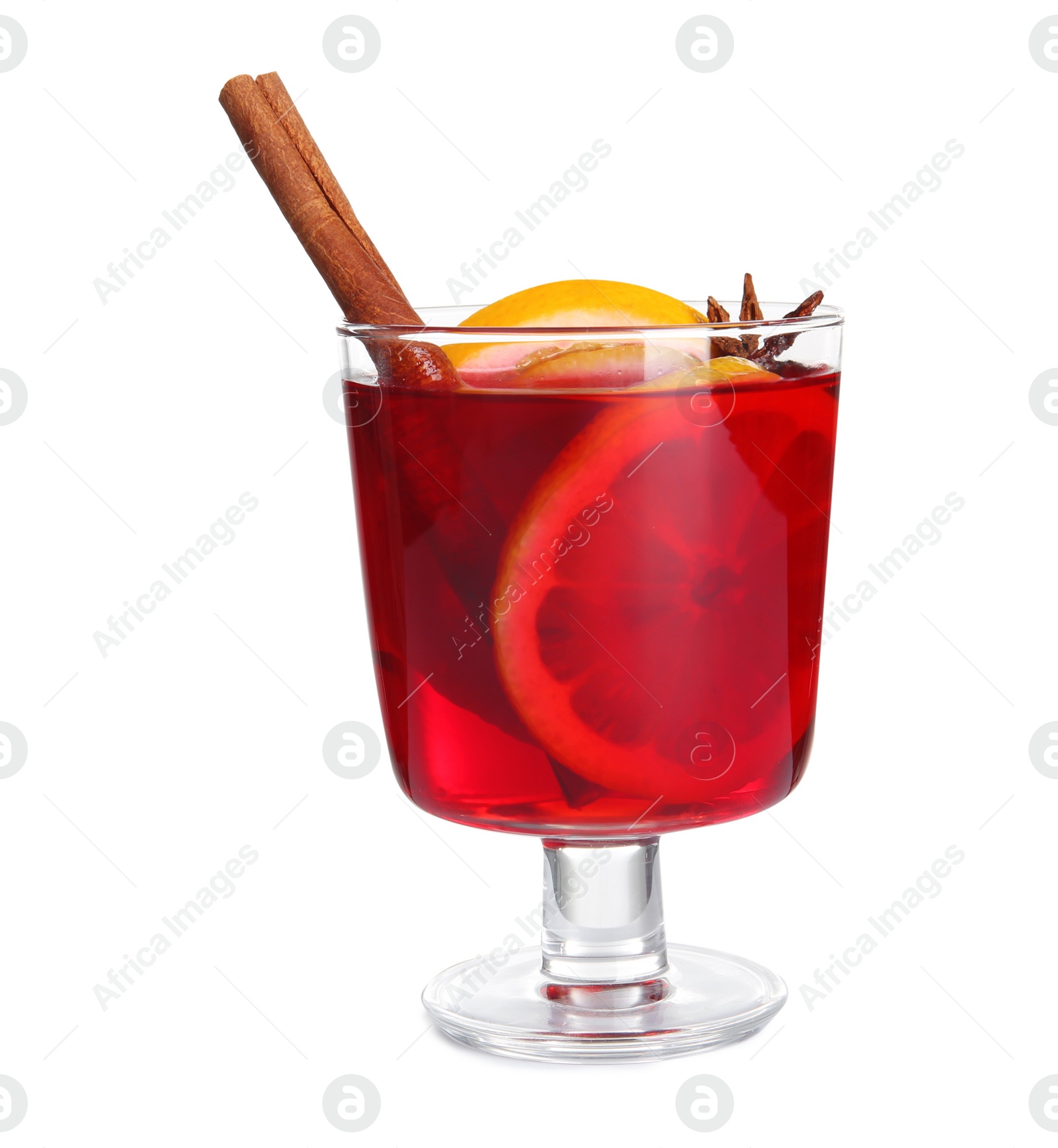 Photo of Glass with red mulled wine on white background