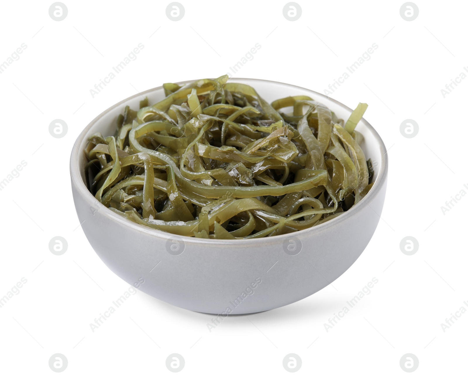 Photo of Tasty seaweed salad in bowl isolated on white