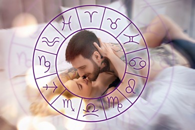 Sexual compatibility. Zodiac wheel and passionate couple having sex on bed