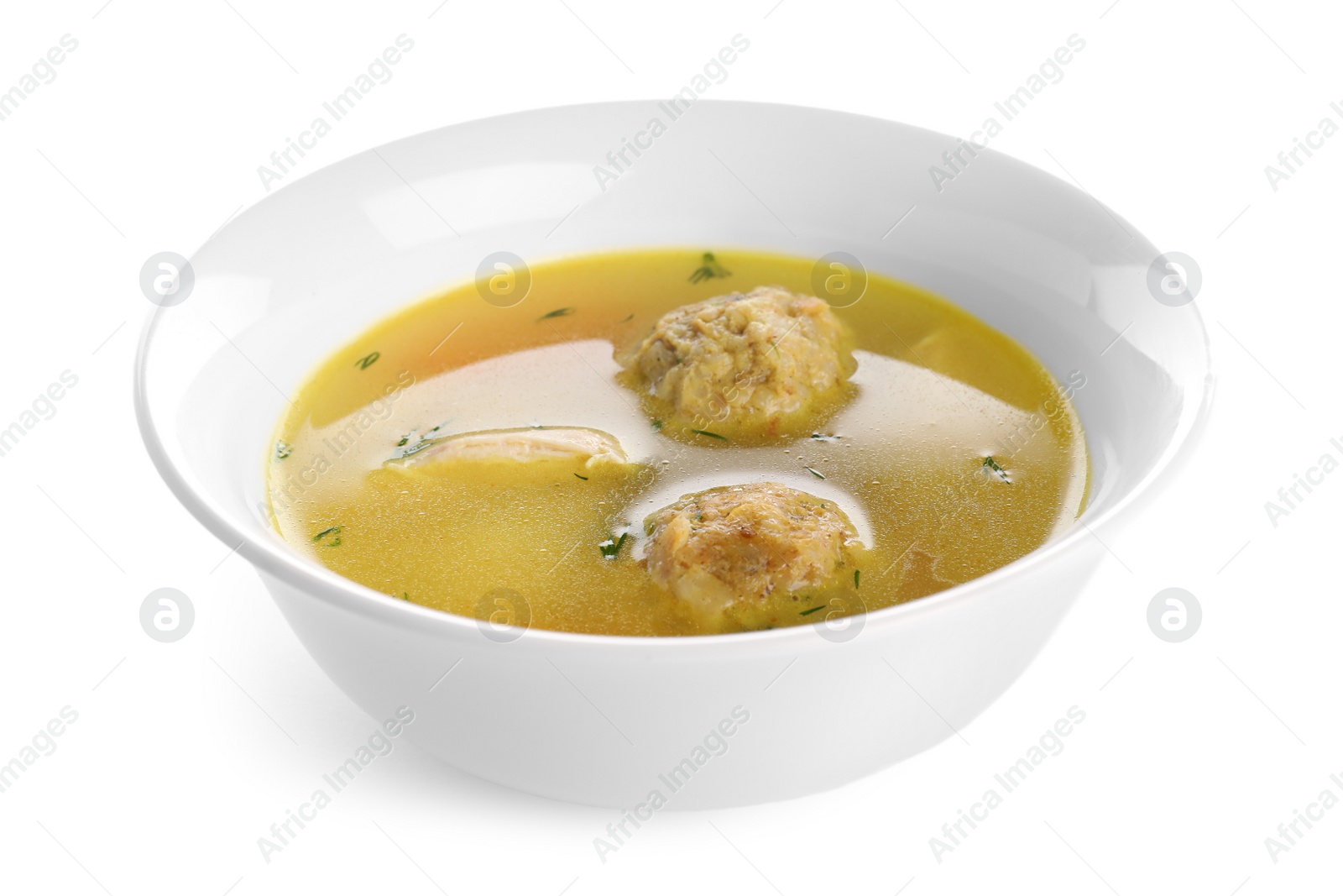 Photo of Bowl of Jewish matzoh balls soup isolated on white