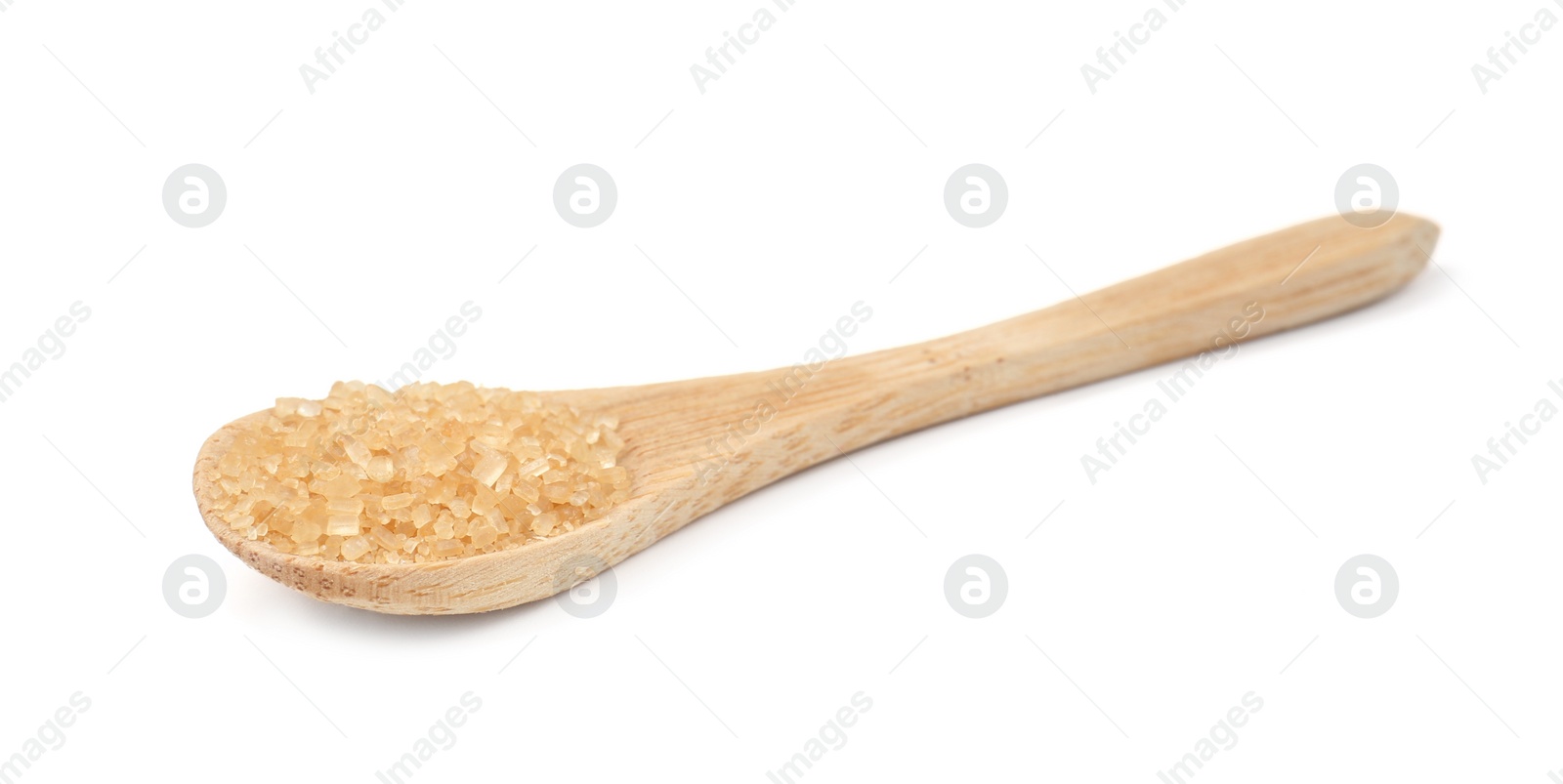 Photo of Wooden spoon with brown sugar isolated on white