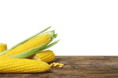 Tasty fresh corn cobs on wooden table against white background