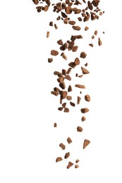 Photo of Pouring aromatic instant coffee on white background