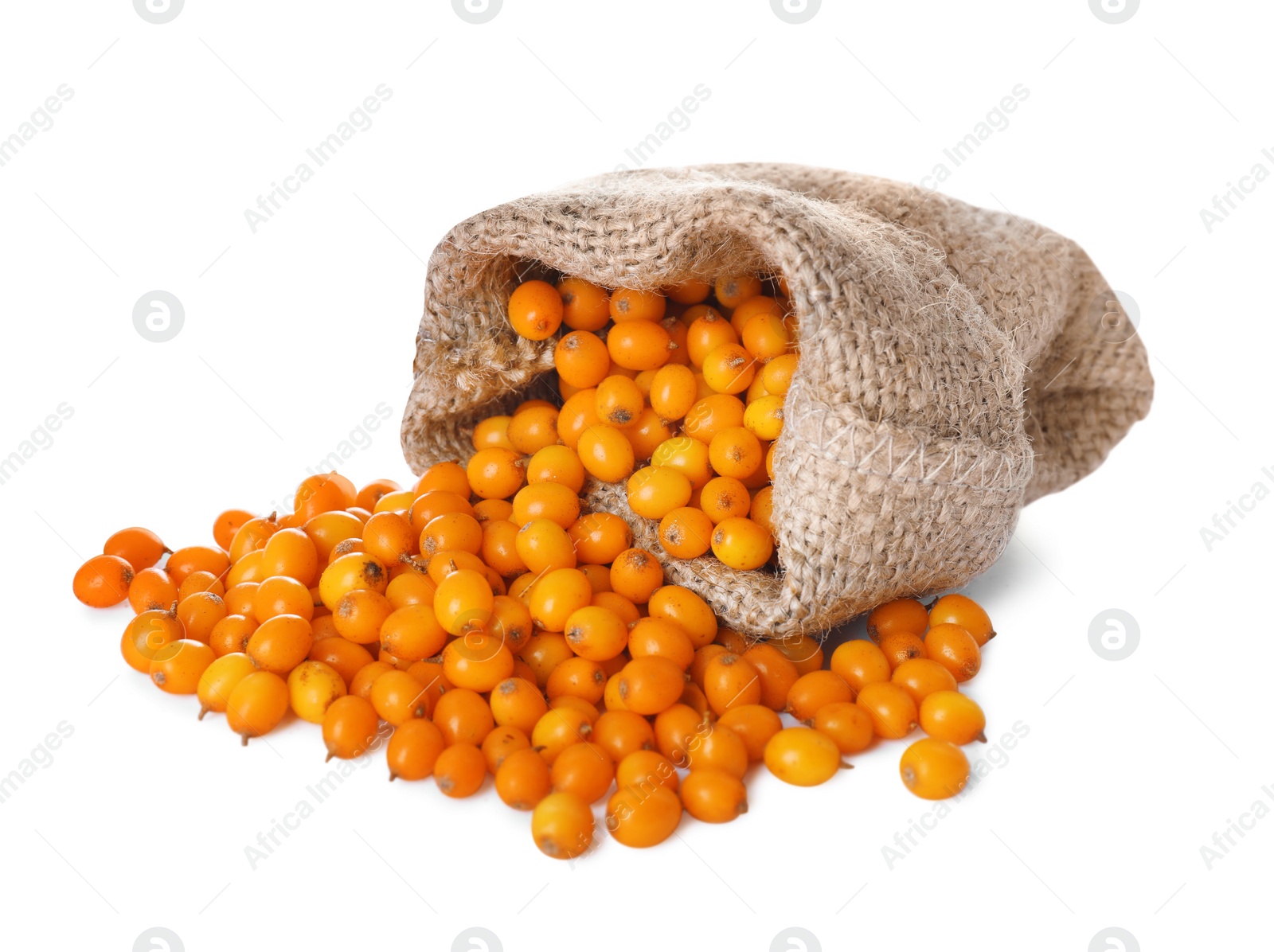 Photo of Sack with fresh ripe sea buckthorn berries on white background