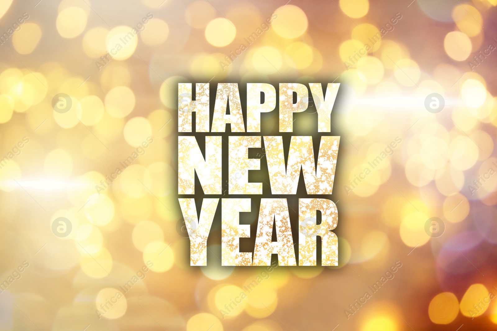 Illustration of Text Happy New Year on festive background with blurred lights, bokeh effect