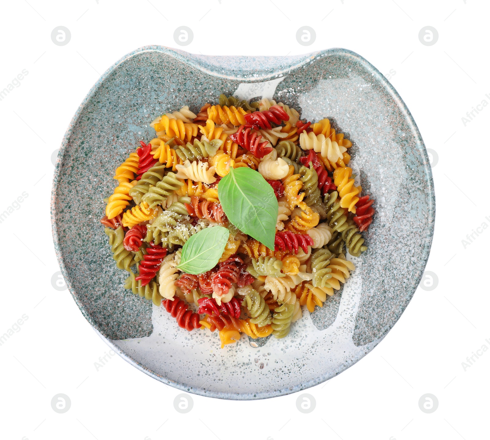 Photo of Colorful pasta with basil and cheese isolated on white, top view