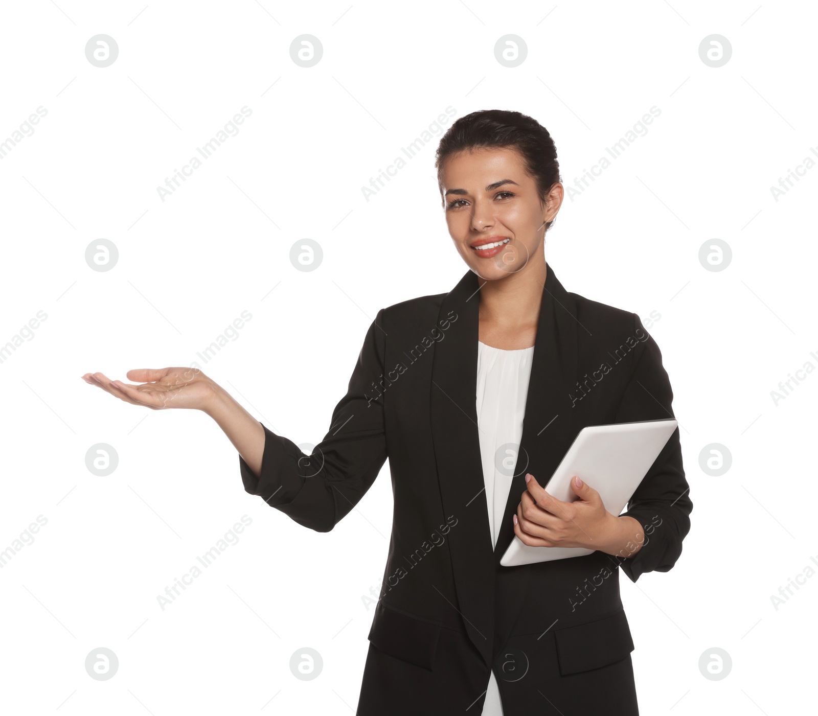 Photo of Hostess in uniform with tablet on white background