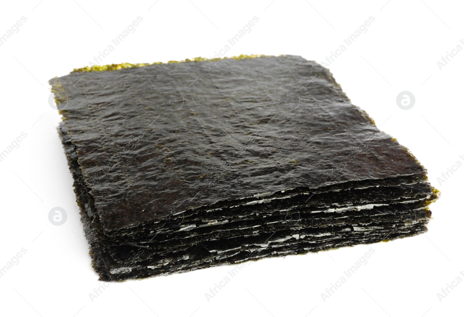 Photo of Stack of dry nori sheets on white background
