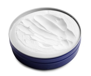 Photo of Jar of facial cream on white background, closeup