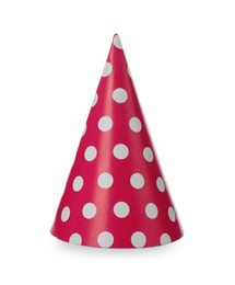 Photo of Bright party hat isolated on white. Festive accessory