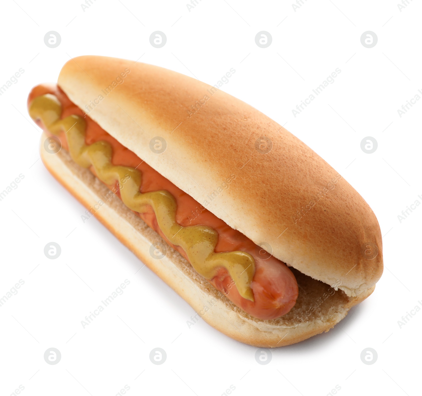 Photo of Tasty hot dog with mustard on white background