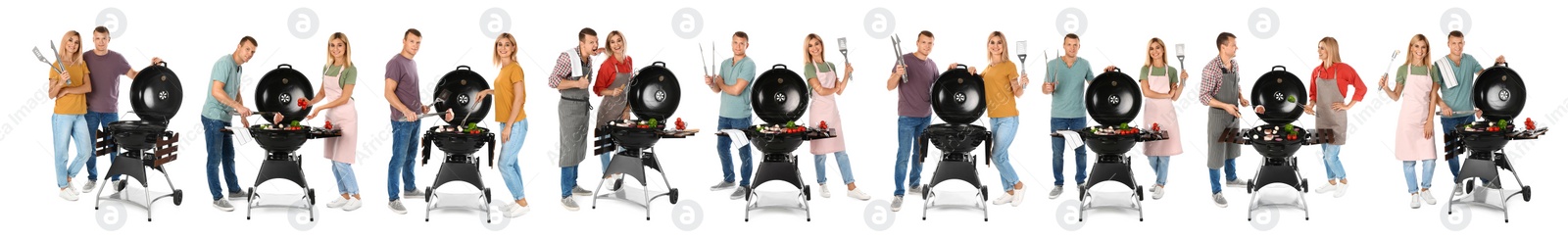 Image of Collage with photos of man and woman cooking on barbecue grill against white background. Banner design