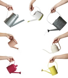 Image of Collage with photos of women holding different watering cans on white background, closeup