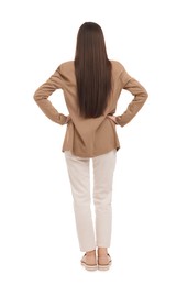 Photo of Businesswoman in suit on white background, back view