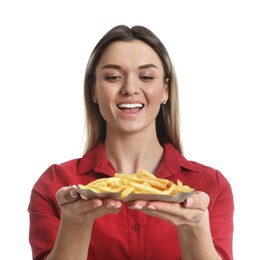 Young woman with French fries on white background