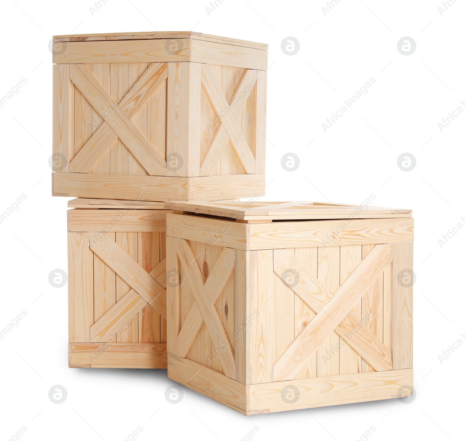 Photo of Group of wooden crates isolated on white