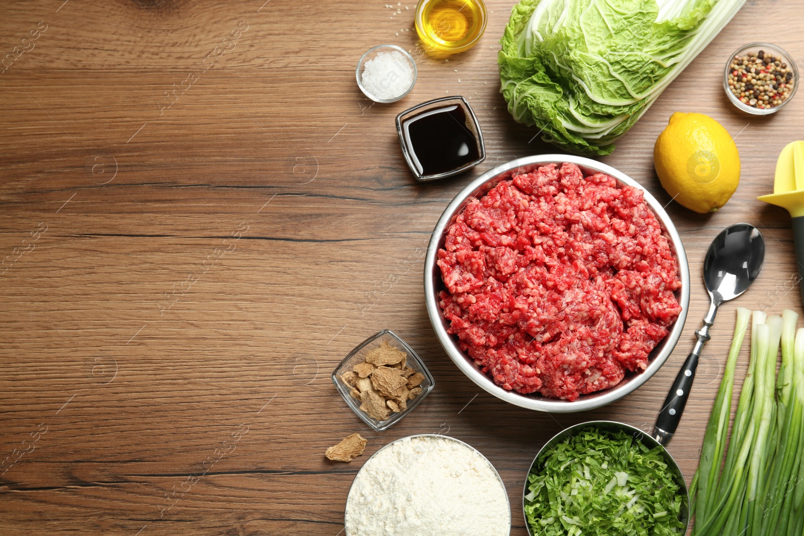 Photo of Flat lay composition with gyoza ingredients on wooden table, space for text