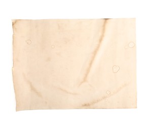 Photo of Sheet of old paper isolated on white, top view. Space for text
