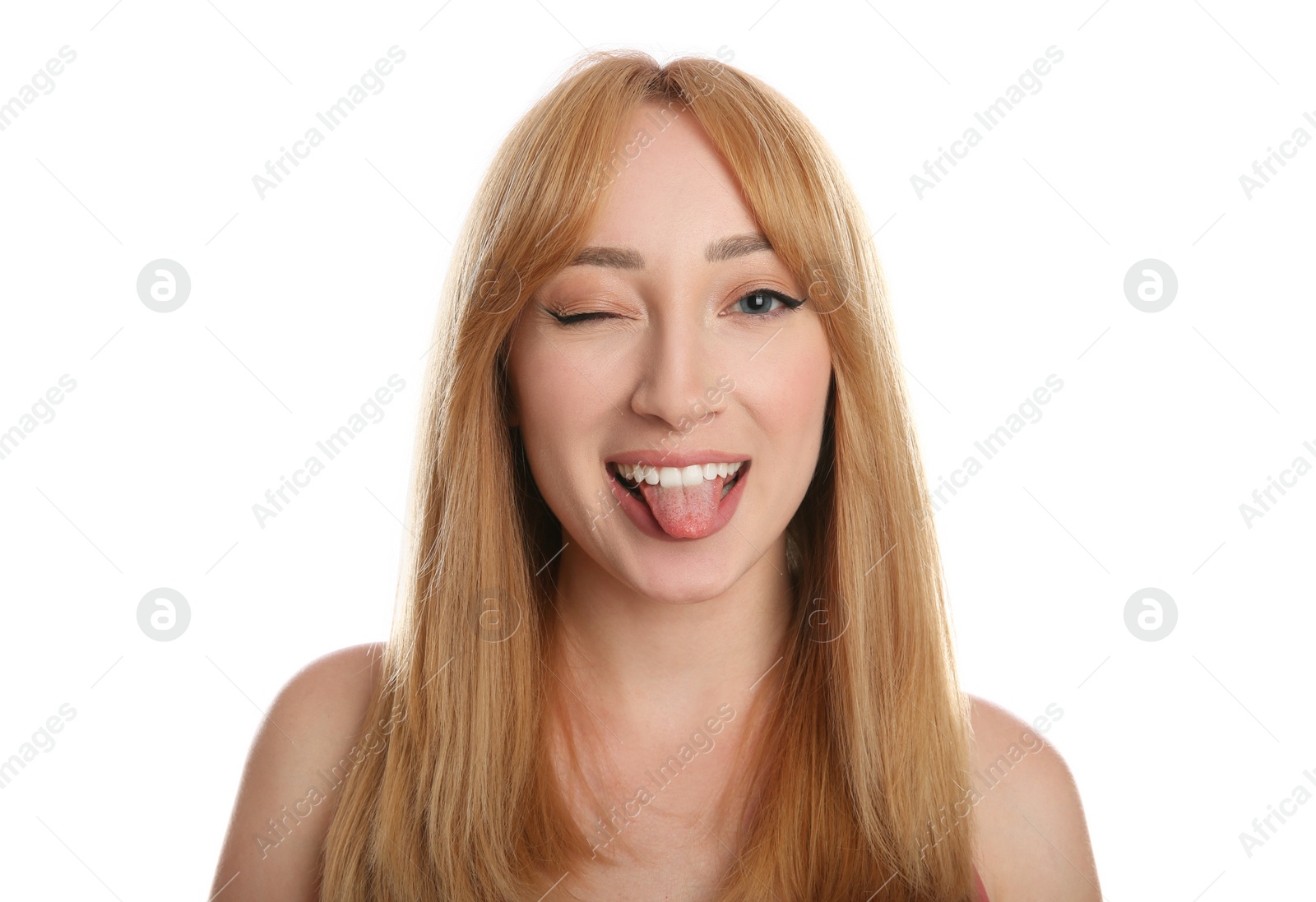 Photo of Portrait of beautiful young woman with blonde hair on white background