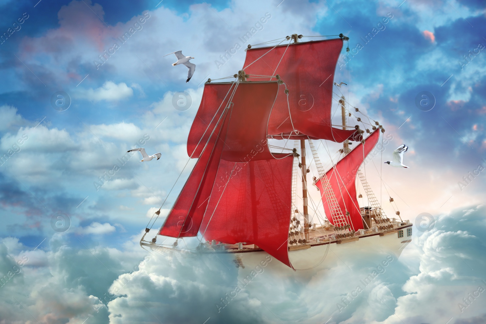 Image of Dream world. Sailing ship floating among wonderful fluffy clouds