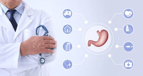 Image of Illustration of stomach and senior doctor with stethoscope on light background, closeup. Banner design