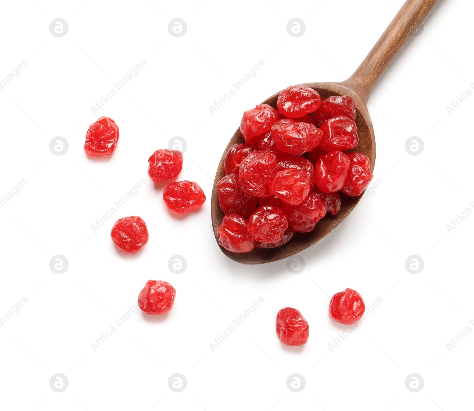 Photo of Spoon of cherries on white background, top view with space for text. Dried fruit as healthy snack