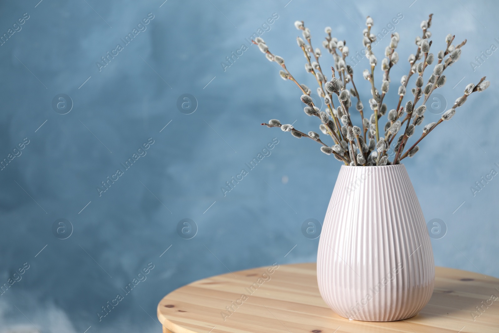 Photo of Beautiful bouquet of pussy willow branches in vase on wooden table. Space for text