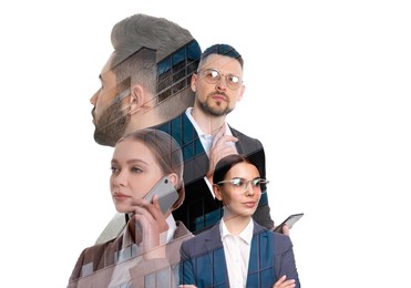 Image of Double exposure of different businesspeople and office building