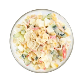 Photo of Delicious salad with fresh crab sticks in glass bowl on white background, top view