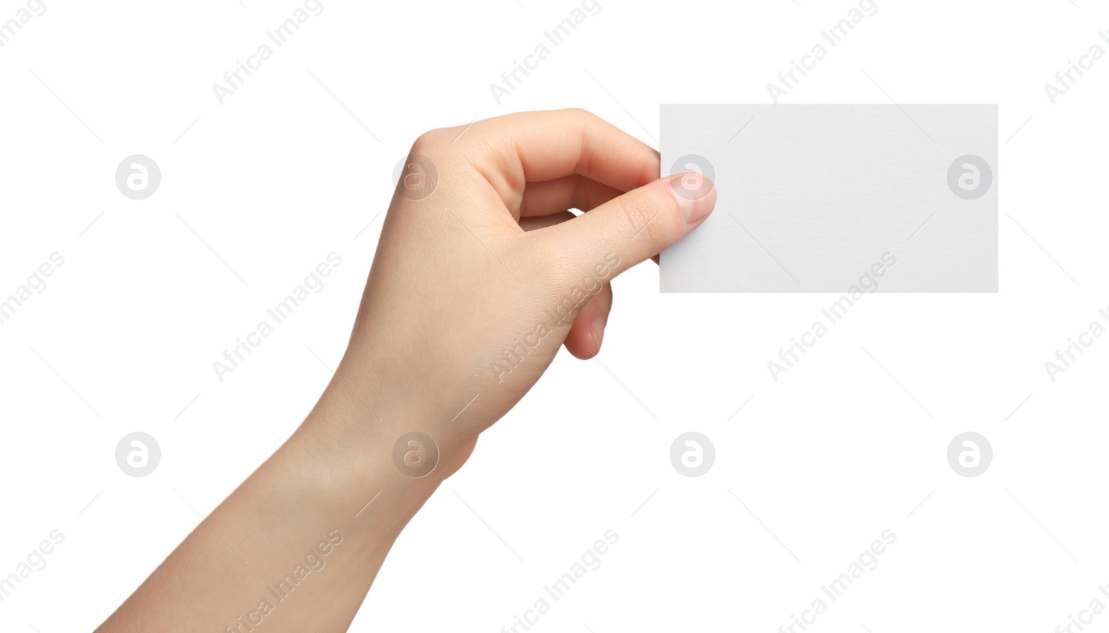 Photo of Woman holding blank gift card on white background, closeup