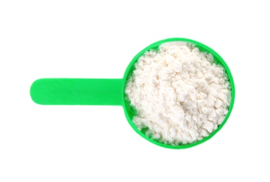 Photo of Scoop of protein powder on white background, top view